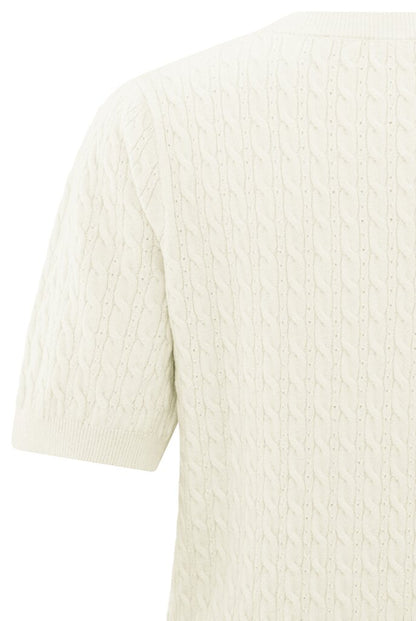 Strickpullover mit kurzen Ärmeln und Zopfmuster Chalk White