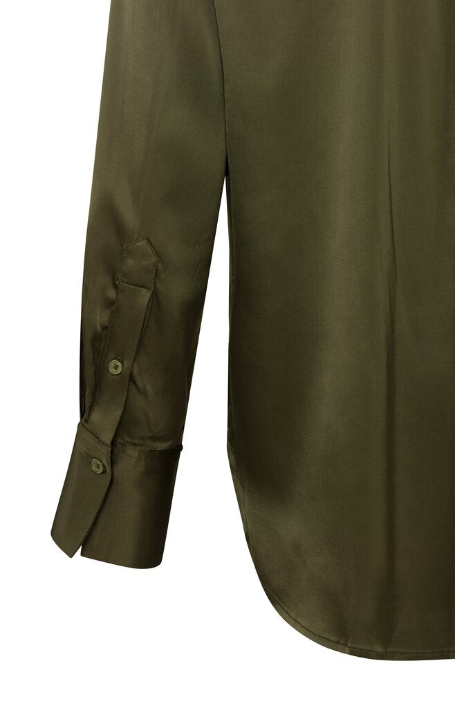 Weites, langärmeliges Satin-Oberteil mit V-Ausschnitt - Dark Army Green