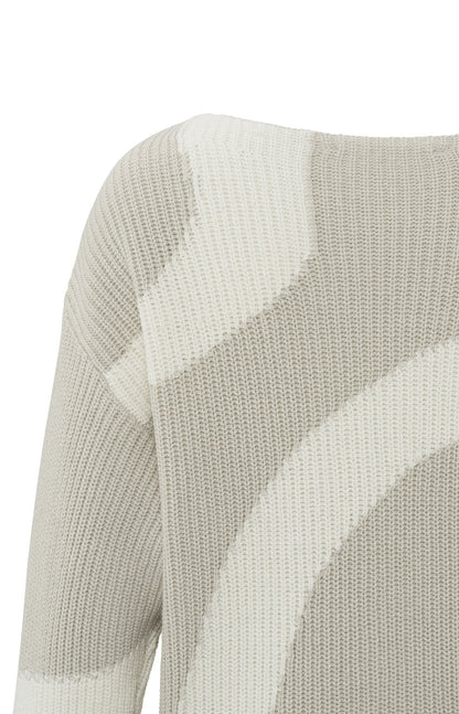 Langärmeliger Jacquard-Pullover mit U-Boot-Ausschnitt Silver Lining Beige Dessin